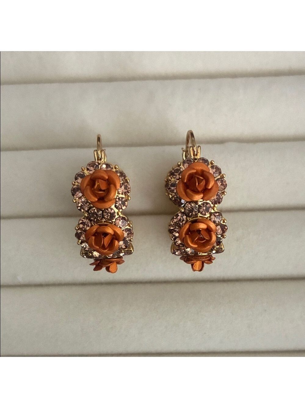Gold-Tone Orange Rose Crystal Drop Earrings - Women Jewelry